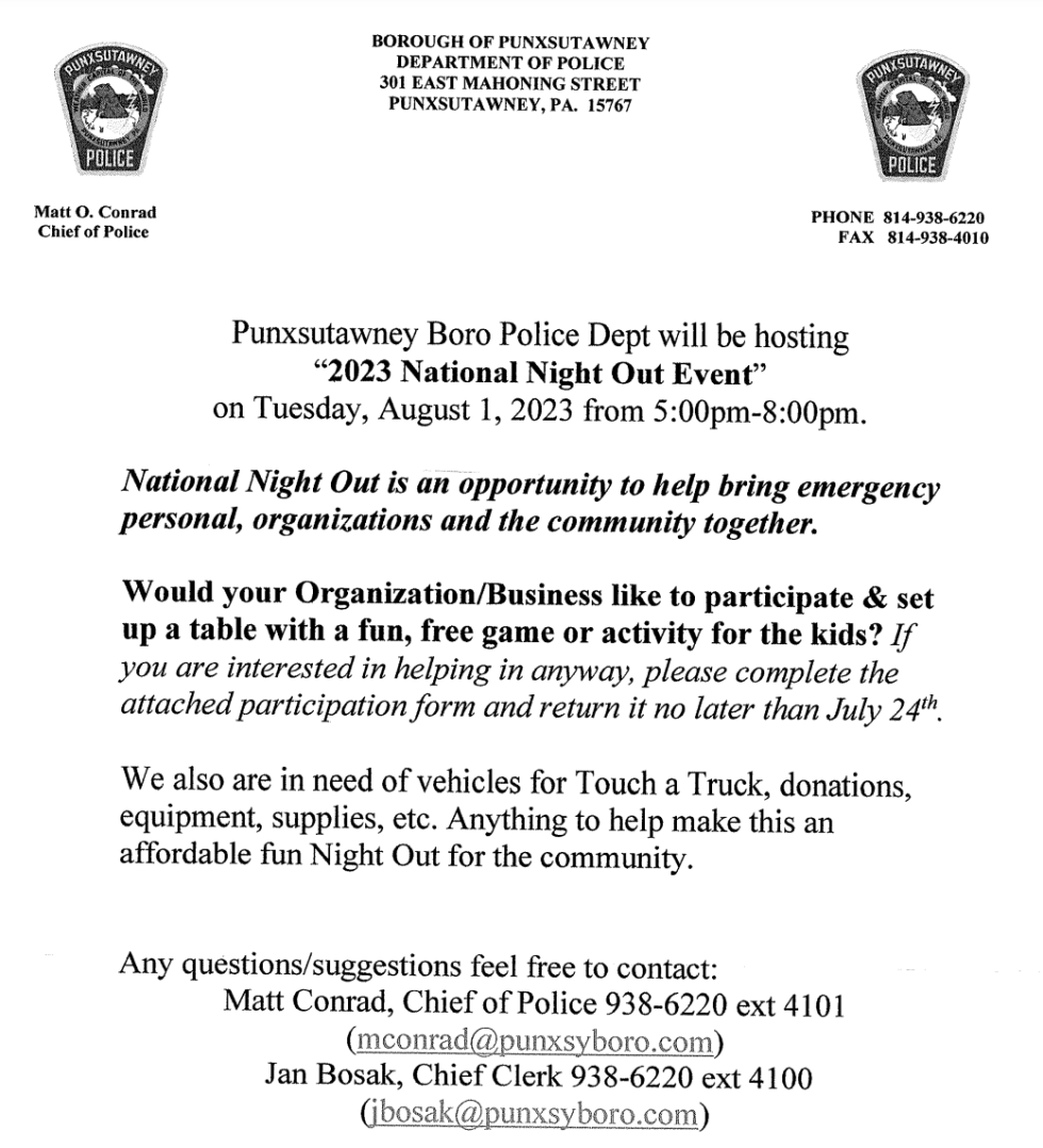 2023 National Night Out Punxsutawney Chamber of Commerce